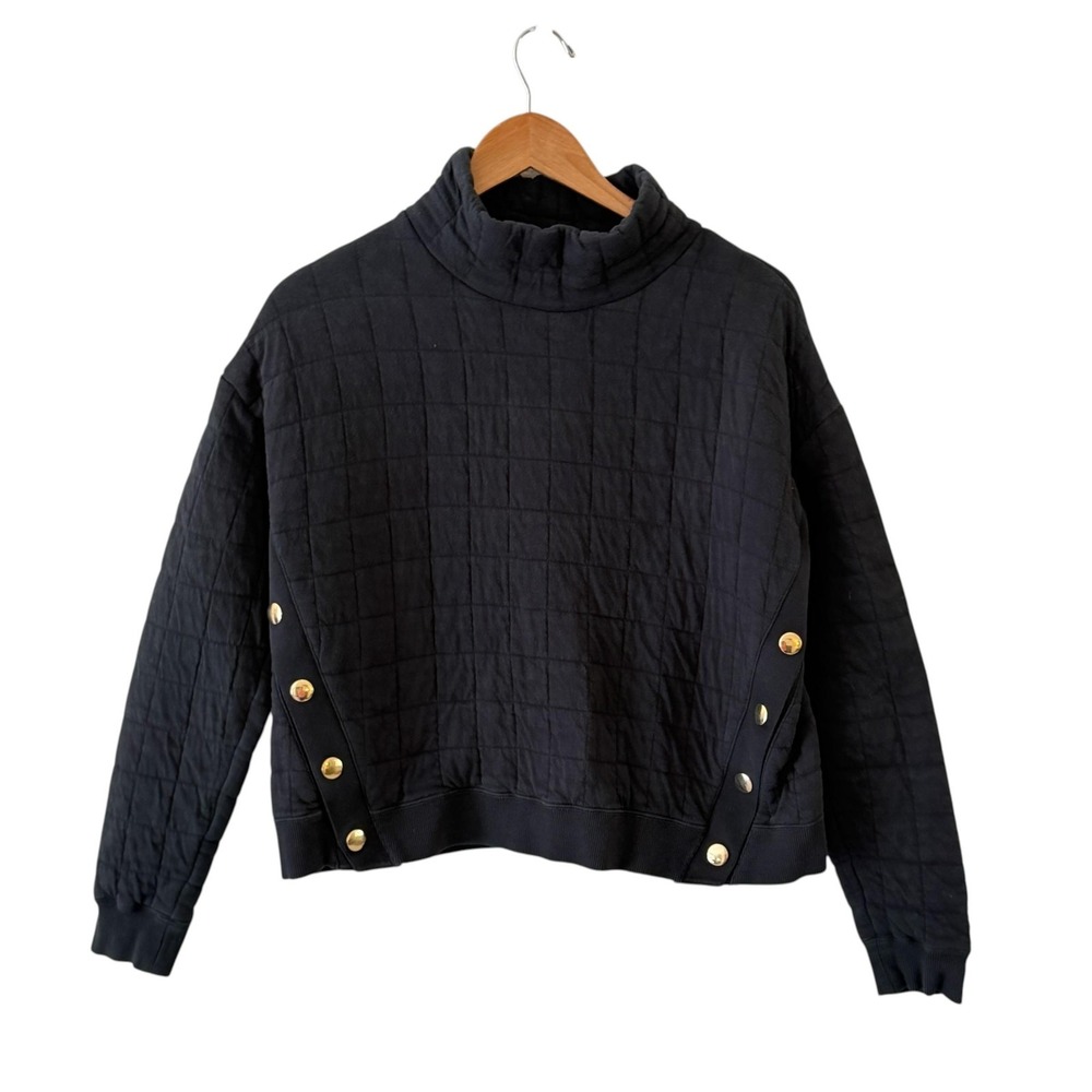 Tuckernuck Tnuck Sport Quilted Sweatshirt Womens M Black Mock Neck Gold Snaps